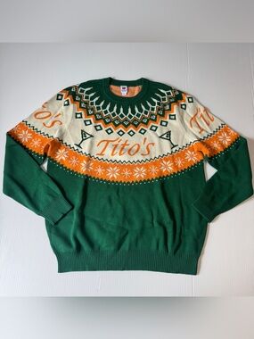 Tito’s Vodka Fair Isle Holiday Sweater Green Orange Après Ski Christmas Party L